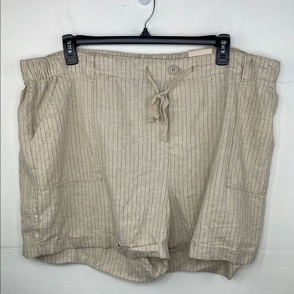 Lane Bryant Soft Slub Short Mid Rise Shorts Linen Blend Tan Black Stripes  22/24